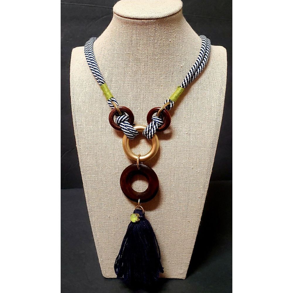 Coastal Necklace Blue White Stripe with Wood Beads Lime Green Gem Navy Tassel